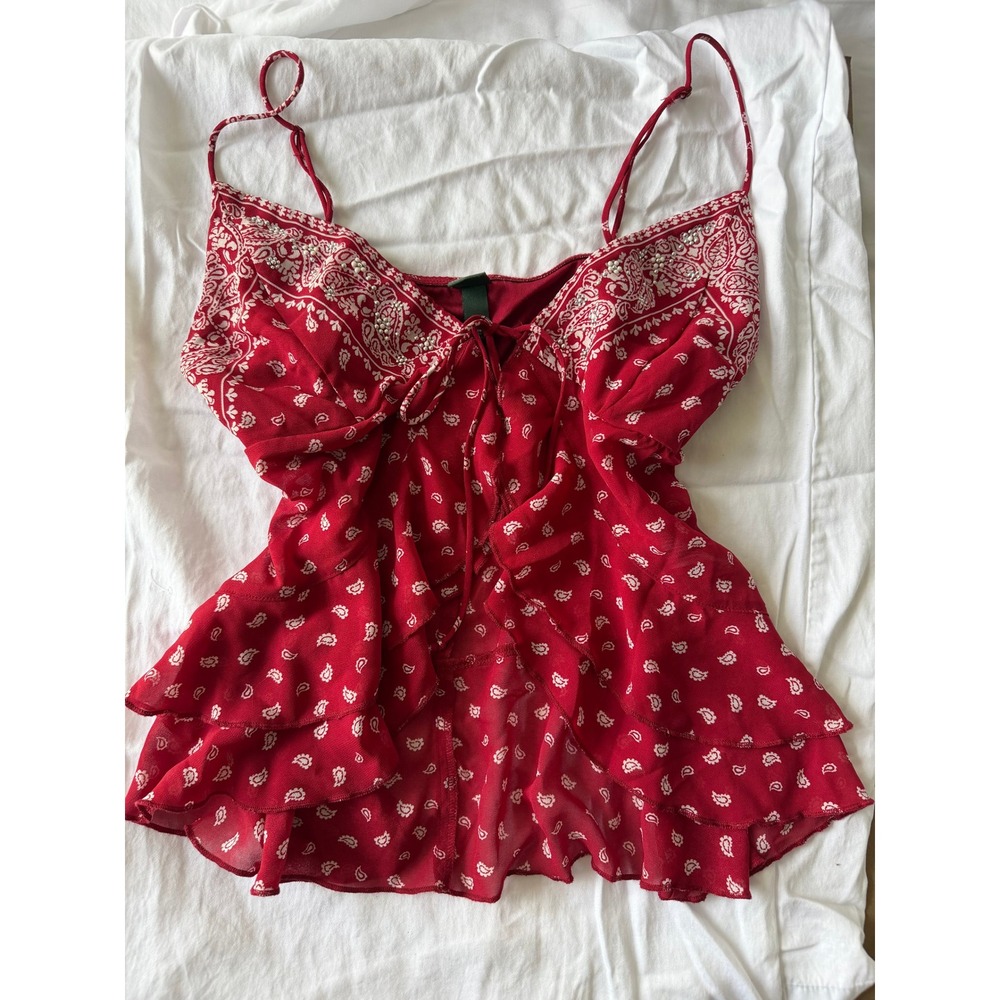 Wild Fable Ruffle Cami XS Red Paisley Beaded Strappy Top Open Tie